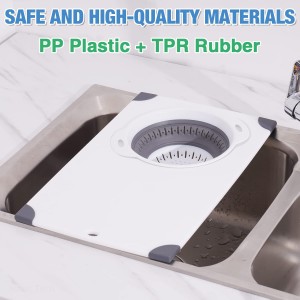Over the Sink Cutting Board with Collapsible Colander, 2-In-1 Sink Drainer Board 11"x17.7" Anti-Slip Cutting Board and Detachable Draining Basket with Ergonomic Handle PP Plastic and TPR Rubber