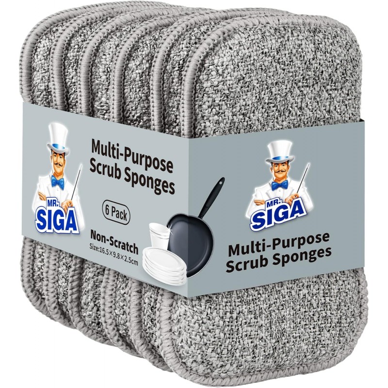 MR.SIGA Dual-Sided Scrub Sponges, Long lasting, Reusable Dishwashing Sponges for Kitchen, 6 Pack