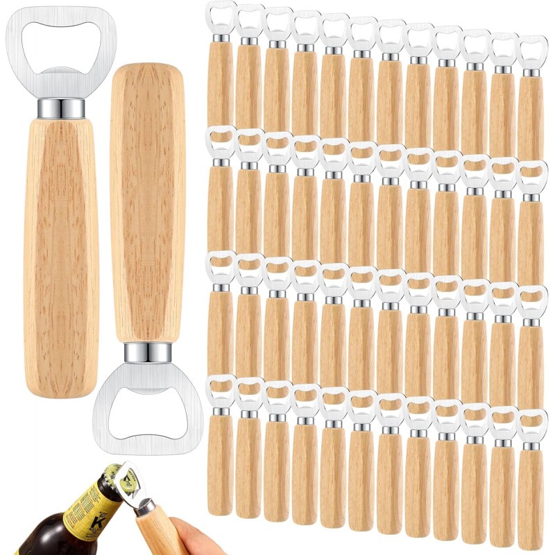 50 Pcs Wood Wine Bottle Opener Stainless Steel Bottle Opener Wood Handheld Heavy Duty Bartender Cider Engraved Gift Set for Kitchen Wedding Party Bar Home Restaurant