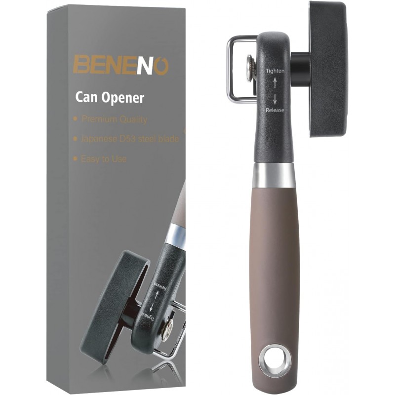 Beneno Can Opener, Manual Side Safe Cut Can Opener Smooth Edge with Durable Sharp Blade, Effort-Saving Knob & Comfortable Non-slip Handle, Brown