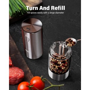TOMEEM Upgraded Larger Capacity Electric Salt and Pepper Grinder Set Rechargeable with LED lights, Stainless Steel Automatic Pepper and Salt Grinder Refillable with 5 Adjustable Coarseness