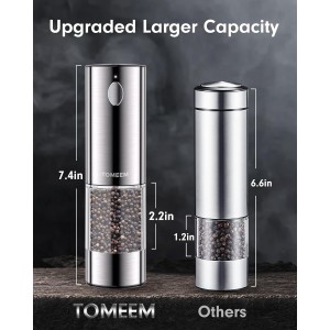 TOMEEM Upgraded Larger Capacity Electric Salt and Pepper Grinder Set Rechargeable with LED lights, Stainless Steel Automatic Pepper and Salt Grinder Refillable with 5 Adjustable Coarseness