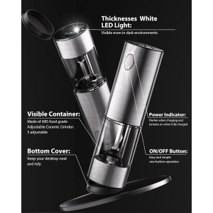 TOMEEM Upgraded Larger Capacity Electric Salt and Pepper Grinder Set Rechargeable with LED lights, Stainless Steel Automatic Pepper and Salt Grinder Refillable with 5 Adjustable Coarseness