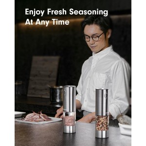 TOMEEM Upgraded Larger Capacity Electric Salt and Pepper Grinder Set Rechargeable with LED lights, Stainless Steel Automatic Pepper and Salt Grinder Refillable with 5 Adjustable Coarseness
