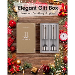 TOMEEM Upgraded Larger Capacity Electric Salt and Pepper Grinder Set Rechargeable with LED lights, Stainless Steel Automatic Pepper and Salt Grinder Refillable with 5 Adjustable Coarseness