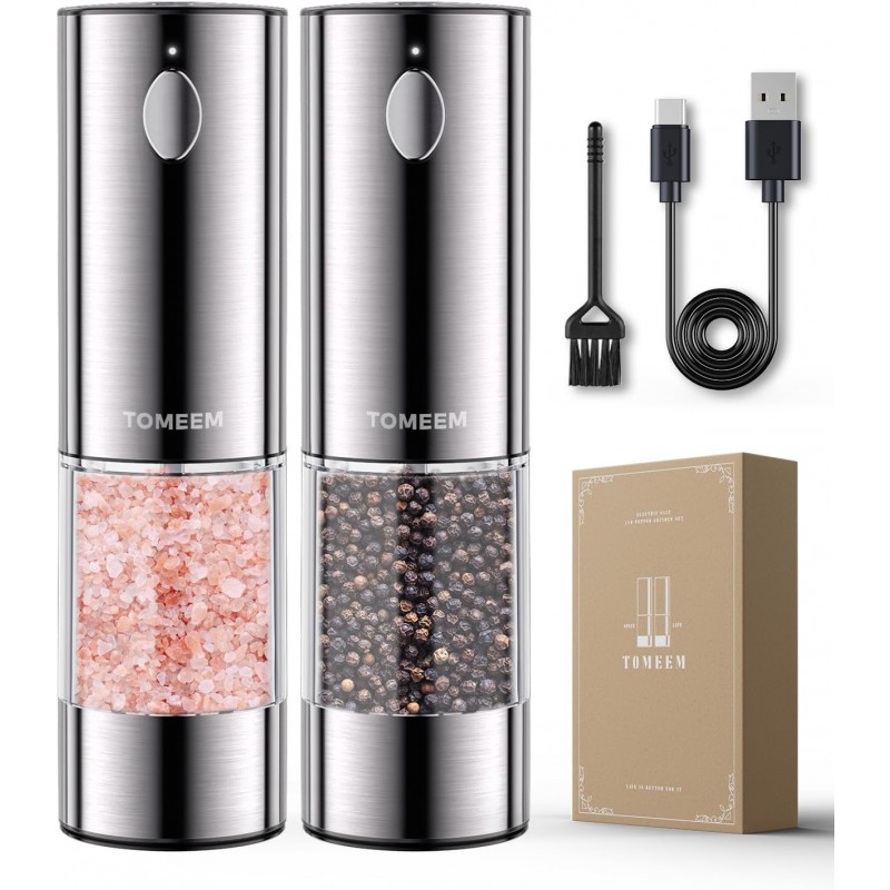 TOMEEM Upgraded Larger Capacity Electric Salt and Pepper Grinder Set Rechargeable with LED lights, Stainless Steel Automatic Pepper and Salt Grinder Refillable with 5 Adjustable Coarseness