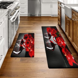 Red Wine Kitchen Rugs and Mats Set of 2 Modern Rose Anti Fatigue Kitchen Floor Mat Non-Skid Washable Kitchen Runner Rug for Kitchen Sink Laundry