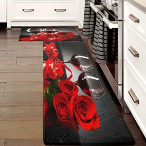 Red Wine Kitchen Rugs and Mats Set of 2 Modern Rose Anti Fatigue Kitchen Floor Mat Non-Skid Washable Kitchen Runner Rug for Kitchen Sink Laundry