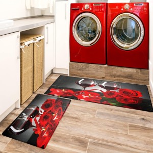 Red Wine Kitchen Rugs and Mats Set of 2 Modern Rose Anti Fatigue Kitchen Floor Mat Non-Skid Washable Kitchen Runner Rug for Kitchen Sink Laundry