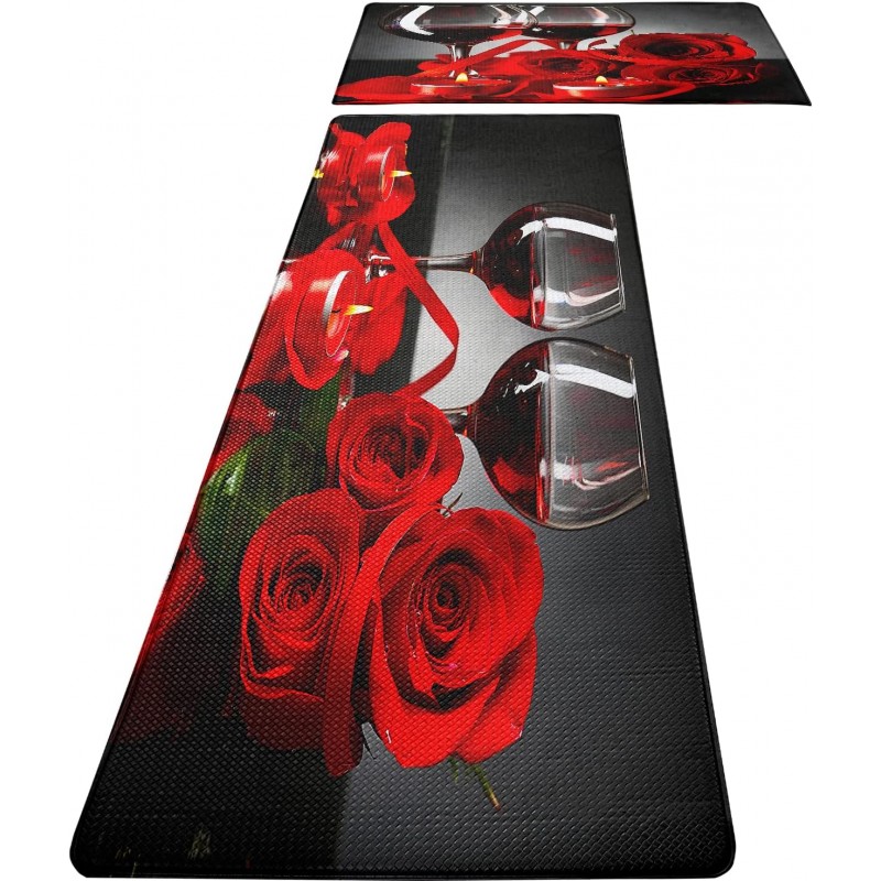 Red Wine Kitchen Rugs and Mats Set of 2 Modern Rose Anti Fatigue Kitchen Floor Mat Non-Skid Washable Kitchen Runner Rug for Kitchen Sink Laundry