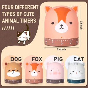 Queekay 4 Pcs Kitchen Cooking Timer Animal Mechanical Timer 60 Minute Wind up Dial 360° Rotating Countdown Egg Reminder No Batteries Loud Ring Cartoon Alarm for Kids Time Management, Fox Pig Cat Dog