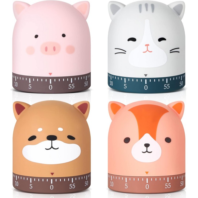 Queekay 4 Pcs Kitchen Cooking Timer Animal Mechanical Timer 60 Minute Wind up Dial 360° Rotating Countdown Egg Reminder No Batteries Loud Ring Cartoon Alarm for Kids Time Management, Fox Pig Cat Dog