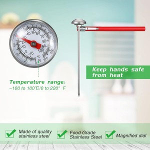 Xuhal 6 Pcs Stainless Steel Kitchen Thermometer with 5 Inch Long Stem 1 Inch Dial Thermometer Milk Frothing Food for Oven Probe Meat Grill BBQ Cooking Chocolate Water(Red)