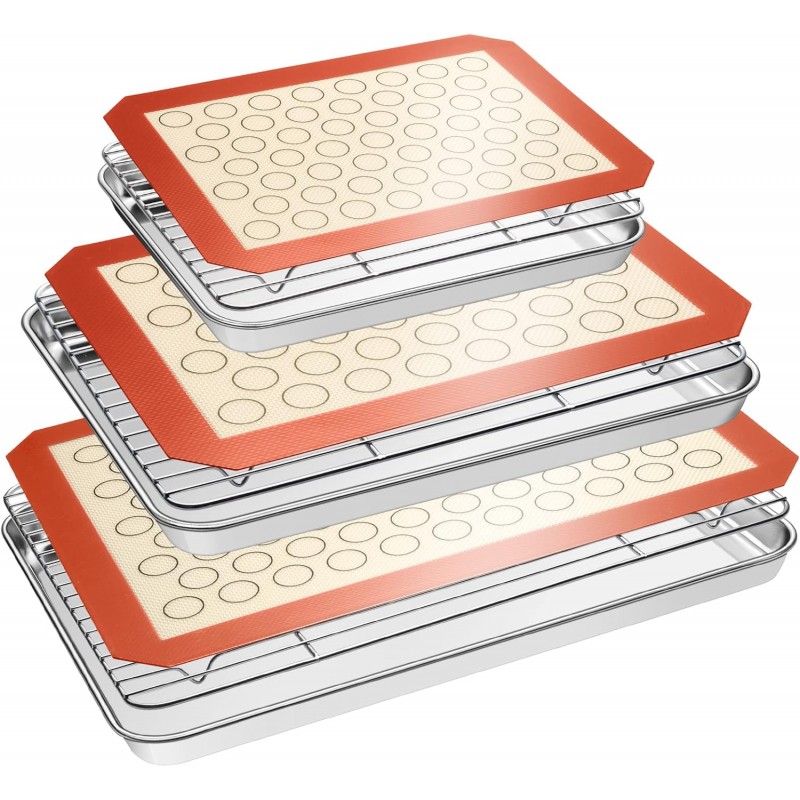 Baking Sheet Tray Cooling Rack with Silicone Baking Mat Set, Stainless Steel Cookie Pan For Oven, Set of 9 (3 Sheets + 3 Racks + 3 Mats), Warp Resistant & Heavy Duty & Easy Clean, Red