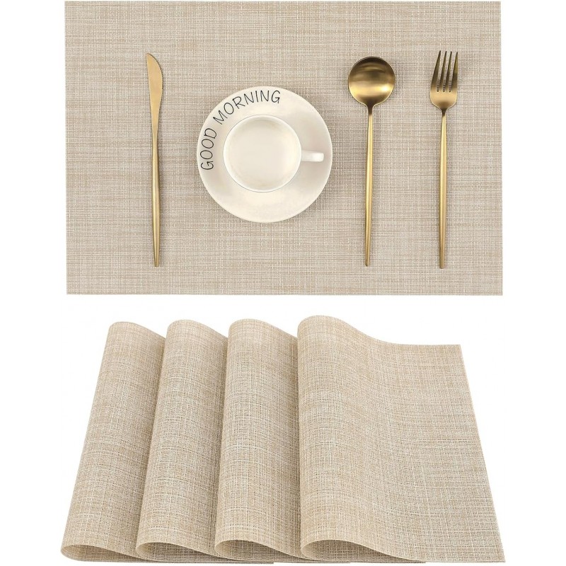 Leetaltree Beige Placemats Set of 4 - Heat Resistant Non-Slip Place mats for Dining Table, Washable Durable PVC Vinyl Woven Table Mats（Beige, 4）