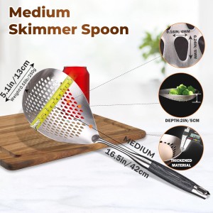 Skimmer Slotted Spoon -16.5in 304 Stainless Steel Pasta Spider Strainer Skimmer Ladle Spoon for Cooking and Frying - Kitchen Metal Scoop Colander Strainer Spoon with Heat Resistant Black Wooden Handle