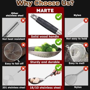 Skimmer Slotted Spoon -16.5in 304 Stainless Steel Pasta Spider Strainer Skimmer Ladle Spoon for Cooking and Frying - Kitchen Metal Scoop Colander Strainer Spoon with Heat Resistant Black Wooden Handle