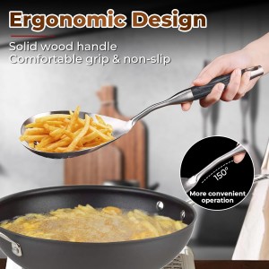 Skimmer Slotted Spoon -16.5in 304 Stainless Steel Pasta Spider Strainer Skimmer Ladle Spoon for Cooking and Frying - Kitchen Metal Scoop Colander Strainer Spoon with Heat Resistant Black Wooden Handle