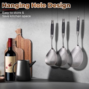 Skimmer Slotted Spoon -16.5in 304 Stainless Steel Pasta Spider Strainer Skimmer Ladle Spoon for Cooking and Frying - Kitchen Metal Scoop Colander Strainer Spoon with Heat Resistant Black Wooden Handle