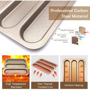 Baguette Pan French Bread Mold Carbon Steel Perforated 3 Cavity Baking Bocadillo Tray Nonstick Long Loaf Toast Cake Mould Bakeware Baking Pans for Oven