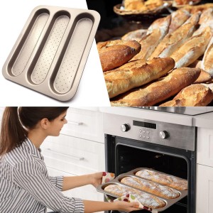 Baguette Pan French Bread Mold Carbon Steel Perforated 3 Cavity Baking Bocadillo Tray Nonstick Long Loaf Toast Cake Mould Bakeware Baking Pans for Oven
