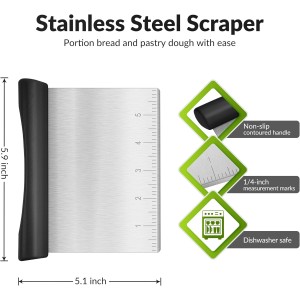 Rainspire Bench Scraper, Stainless Steel Dough Scraper, Pastry Scraper, Pizza and Dough Cutter Multi-Purpose Scraper/Chopper, Pizza Cutter Food Chopper Baking Supplies Kitchen Gadgets, Black