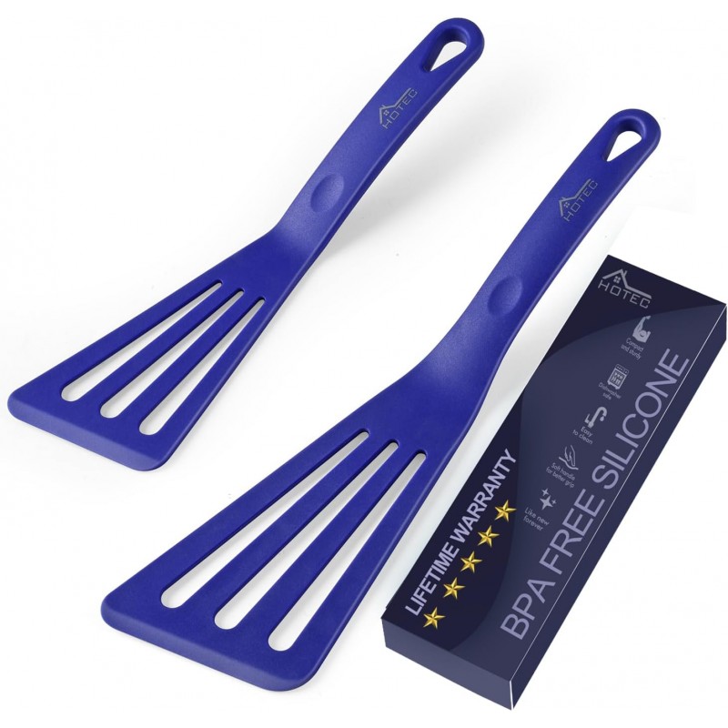 HOTEC 600℉ Heat Resistant Silicone Slotted Fish Turner Spatula Set, BPA Free Kitchen Cooking Spatulas, for Non Stick Cookware Dishwasher Safe Classic Blue, set of 2