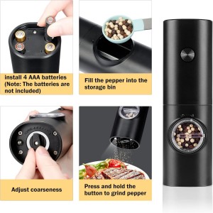 Electric Pepper Grinder or Salt Mill, Battery Powered Automatic Pepper Mill, Ceramic Grinder with Adjustable Coarseness, LED Light, One Hand Operation (1 pack)