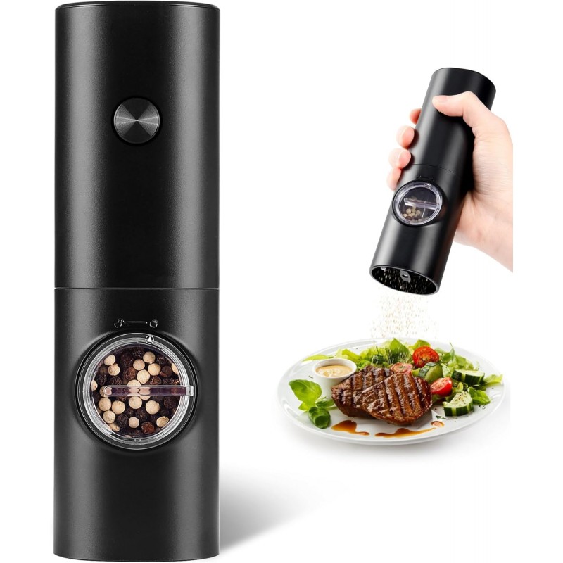 Electric Pepper Grinder or Salt Mill, Battery Powered Automatic Pepper Mill, Ceramic Grinder with Adjustable Coarseness, LED Light, One Hand Operation (1 pack)