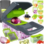 Vegetable Chopper Dicer with Container | Cheese Grater Mandoline Slicer Cabbage Shredder French Fry Cutter Stainless Steel for Veggie Onion Potato Fruit Food, Manual Hand Cooking Gadget for Kitchen