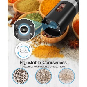 Electric Salt and Pepper Grinder Set, New Rechargeable Salt and Pepper Mill with Charging Base, Adjustable Coarseness Shakers with LED Light, One Hand Operation for Kitchen Appliances Gifts for Women
