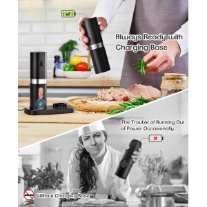 Electric Salt and Pepper Grinder Set, New Rechargeable Salt and Pepper Mill with Charging Base, Adjustable Coarseness Shakers with LED Light, One Hand Operation for Kitchen Appliances Gifts for Women