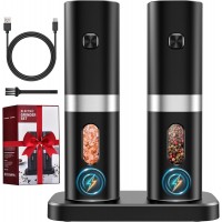 Electric Salt and Pepper Grinder Set, New Rechargeable Salt and Pepper Mill with Charging Base, Adjustable Coarseness Shakers with LED Light, One Hand Operation for Kitchen Appliances Gifts for Women