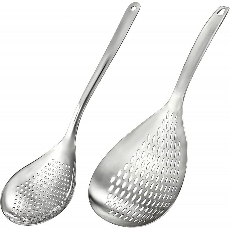 Suwimut 2 Pack Skimmer Slotted Spoon, 13.6 Inch Large Stainless Steel Skimmer Ladle Spoon Spider Strainer with Handle and Hanging Holes, Fryer Scoop Kitchen Colander for Cooking, Draining and Frying