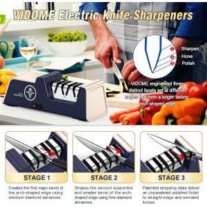 Professional Electric Knife Sharpener with 100% Diamond Abrasives and Precision Angle Guides for Kitchen Straight Edge&Ceramic Knife Work Sharp, 3-stage Champagne Gold, afilador de cuchillos