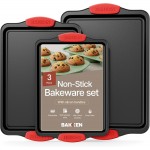 Baking Pan Set – 3 Piece Cookie Sheet – Deluxe Black Non-Stick Carbon Steel – Silicone Handles – Commercial Grade Restaurant Quality – PFOA PFOS and PTFE Free by Bakken