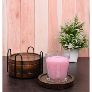 SAMHITA Mango Wood Coasters for Drinks with Iron Holder Stand Set of 5 for Drinking Glasses, Tabletop Protection for Any Table Type