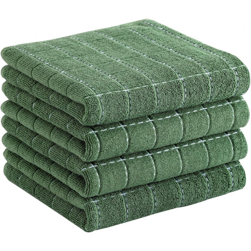 Homaxy 100% Cotton Terry Kitchen Towels(Grass Green, 13 x 28 inches), Checkered Designed, Soft and Super Absorbent Dish Towels, 4 Pack