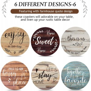 Queekay Coasters Set of 6 House Warming Gifts New Home Wooden Farmhouse Drink Coasters with Holder 4'' Funny Decoration for Kitchen Family Coffee Bar Tabletop Protection(Farmhouse Color)