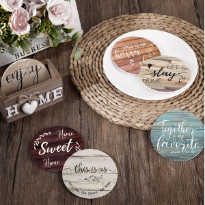 Queekay Coasters Set of 6 House Warming Gifts New Home Wooden Farmhouse Drink Coasters with Holder 4'' Funny Decoration for Kitchen Family Coffee Bar Tabletop Protection(Farmhouse Color)
