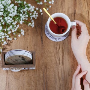 Queekay Coasters Set of 6 House Warming Gifts New Home Wooden Farmhouse Drink Coasters with Holder 4'' Funny Decoration for Kitchen Family Coffee Bar Tabletop Protection(Farmhouse Color)