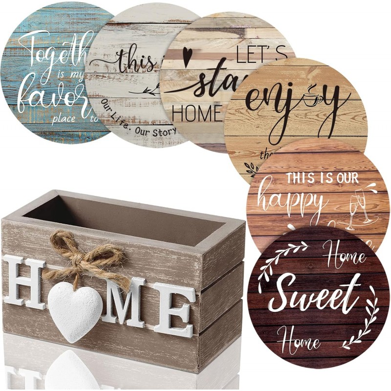 Queekay Coasters Set of 6 House Warming Gifts New Home Wooden Farmhouse Drink Coasters with Holder 4'' Funny Decoration for Kitchen Family Coffee Bar Tabletop Protection(Farmhouse Color)
