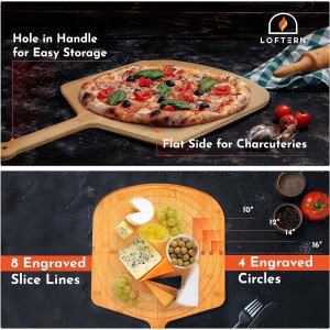 Wooden Pizza Peel 16 Inch Board with Engraved Sizes - Multi-Purpose Bamboo Pizza Cutting Board, Wood Pizza Peel, Pizza Spatula Paddle, and Serving Board with Size and Cutting Guide