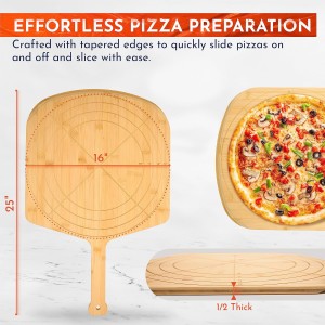 Wooden Pizza Peel 16 Inch Board with Engraved Sizes - Multi-Purpose Bamboo Pizza Cutting Board, Wood Pizza Peel, Pizza Spatula Paddle, and Serving Board with Size and Cutting Guide