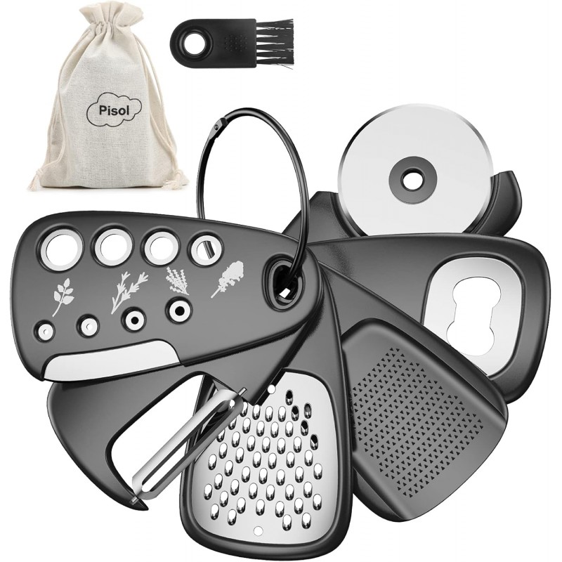 Pisol Kitchen Unique Gadgets Set 6 Pieces, Space Saving, Cheese Grater, Bottle Opener, Fruit Vegetable Peeler, Pizza Cutter, Garlic Ginger Grinder, Herb Stripper Gift Set