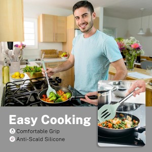 QMVESS Silicone Cooking Utensils Set, 28 Pcs Non-Stick Kitchen Utensils Set with Holder, 446°F Heat Resistant Spatula, Tongs, Spoons Set with Stainless Steel Handle Kitchen Gadgets (Light Green)