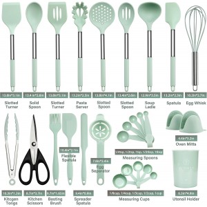 QMVESS Silicone Cooking Utensils Set, 28 Pcs Non-Stick Kitchen Utensils Set with Holder, 446°F Heat Resistant Spatula, Tongs, Spoons Set with Stainless Steel Handle Kitchen Gadgets (Light Green)