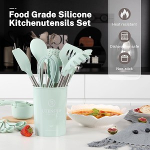 QMVESS Silicone Cooking Utensils Set, 28 Pcs Non-Stick Kitchen Utensils Set with Holder, 446°F Heat Resistant Spatula, Tongs, Spoons Set with Stainless Steel Handle Kitchen Gadgets (Light Green)
