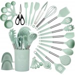 QMVESS Silicone Cooking Utensils Set, 28 Pcs Non-Stick Kitchen Utensils Set with Holder, 446°F Heat Resistant Spatula, Tongs, Spoons Set with Stainless Steel Handle Kitchen Gadgets (Light Green)