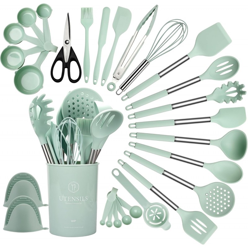 QMVESS Silicone Cooking Utensils Set, 28 Pcs Non-Stick Kitchen Utensils Set with Holder, 446°F Heat Resistant Spatula, Tongs, Spoons Set with Stainless Steel Handle Kitchen Gadgets (Light Green)